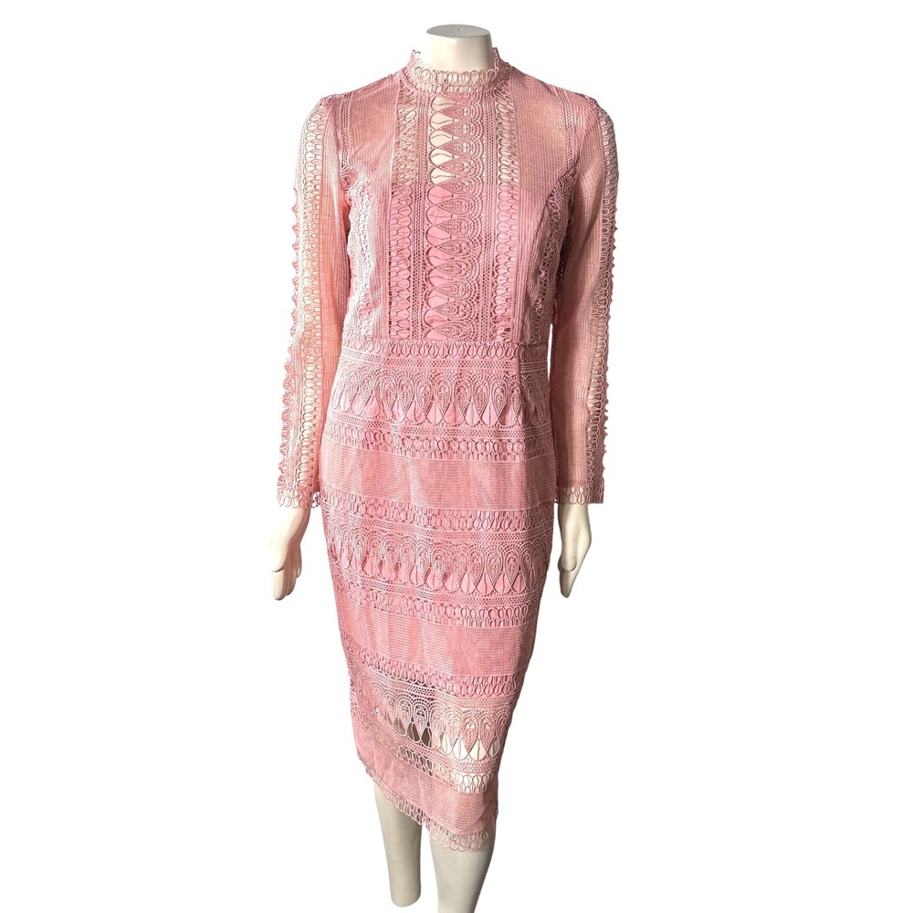 Bardot Mariana Lace Midi Dress NWT 10-L Pink Long Sleeve High Neck‎ Garden Party